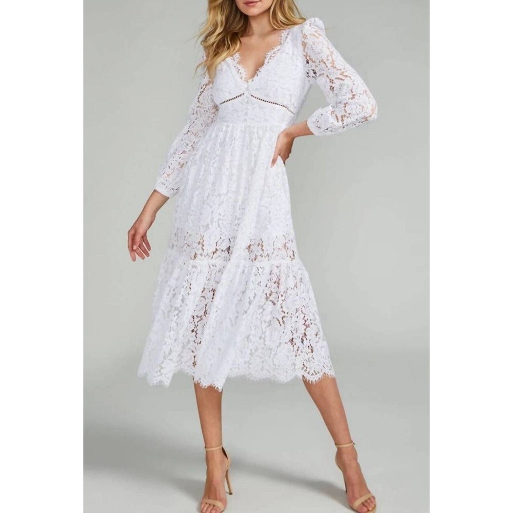 Generation Love White Lace Midi Dress V-Neck Long Sleeve Bridal XS New